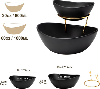 MALACASA 2 Tier Chip and Dip Serving Set with Metal Stand,Ceramic Appetizer Bowls for Party, Multi-Use Food Display for Fruits, Snacks,White Elegant Tiered Serving Dishes for Party