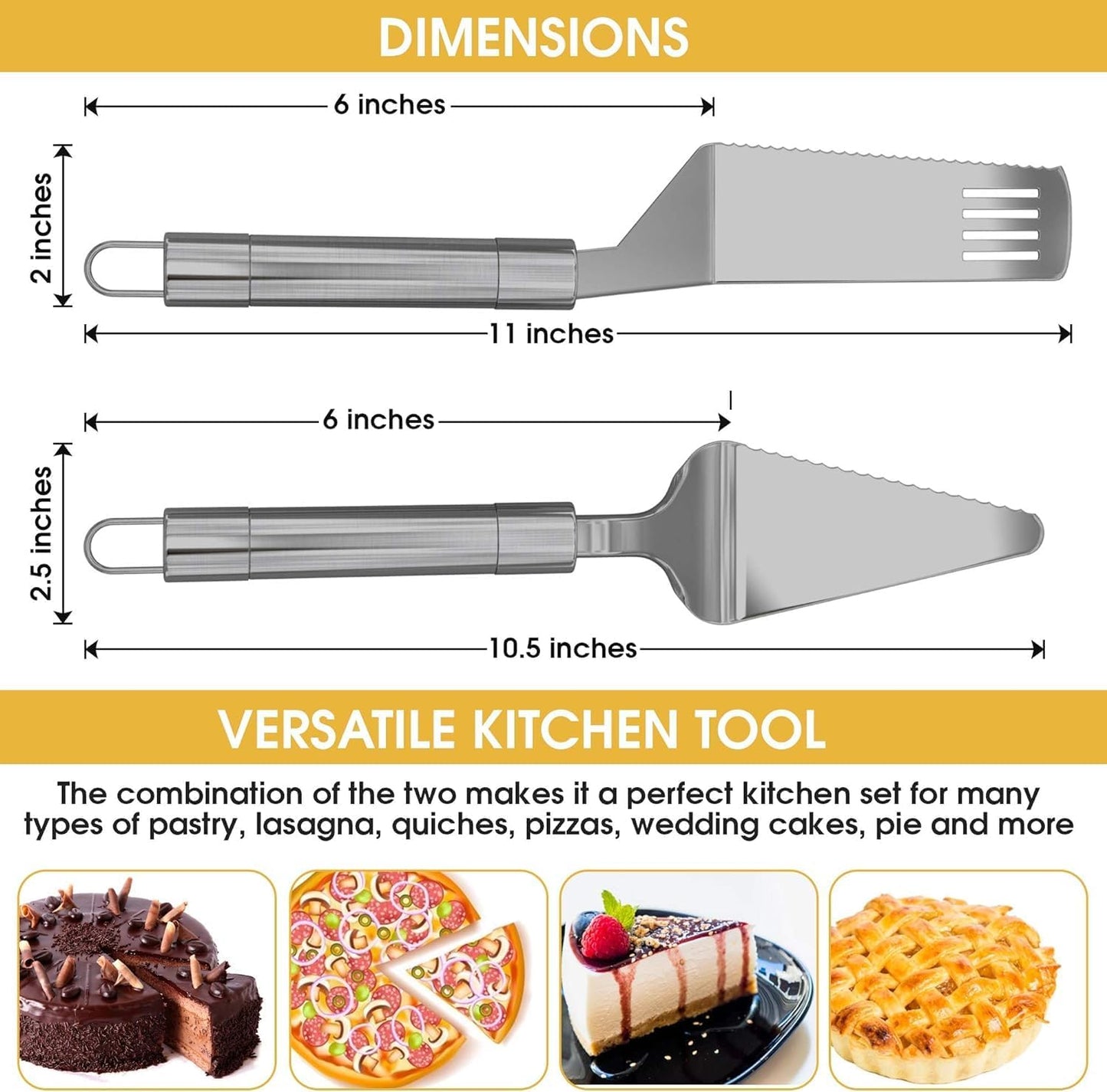 Pie Server Spatula and Cake Cutter Slicer, Stainless Steel Set - Kitchen Essentials for Cutting & Serving Desserts, Brownies, Lasagna (Black, 10 inches)