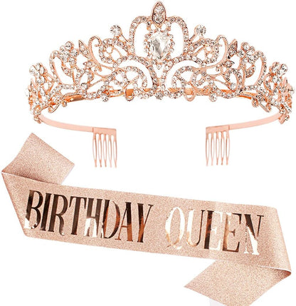COCIDE Birthday Queen Sash & Rhinestone Tiara Set Gold Happy Birthday Crowns for Women Party Decoration Kit Rhinestone Headband for Women Glitter Crystal Hair Accessories for Cake Topper