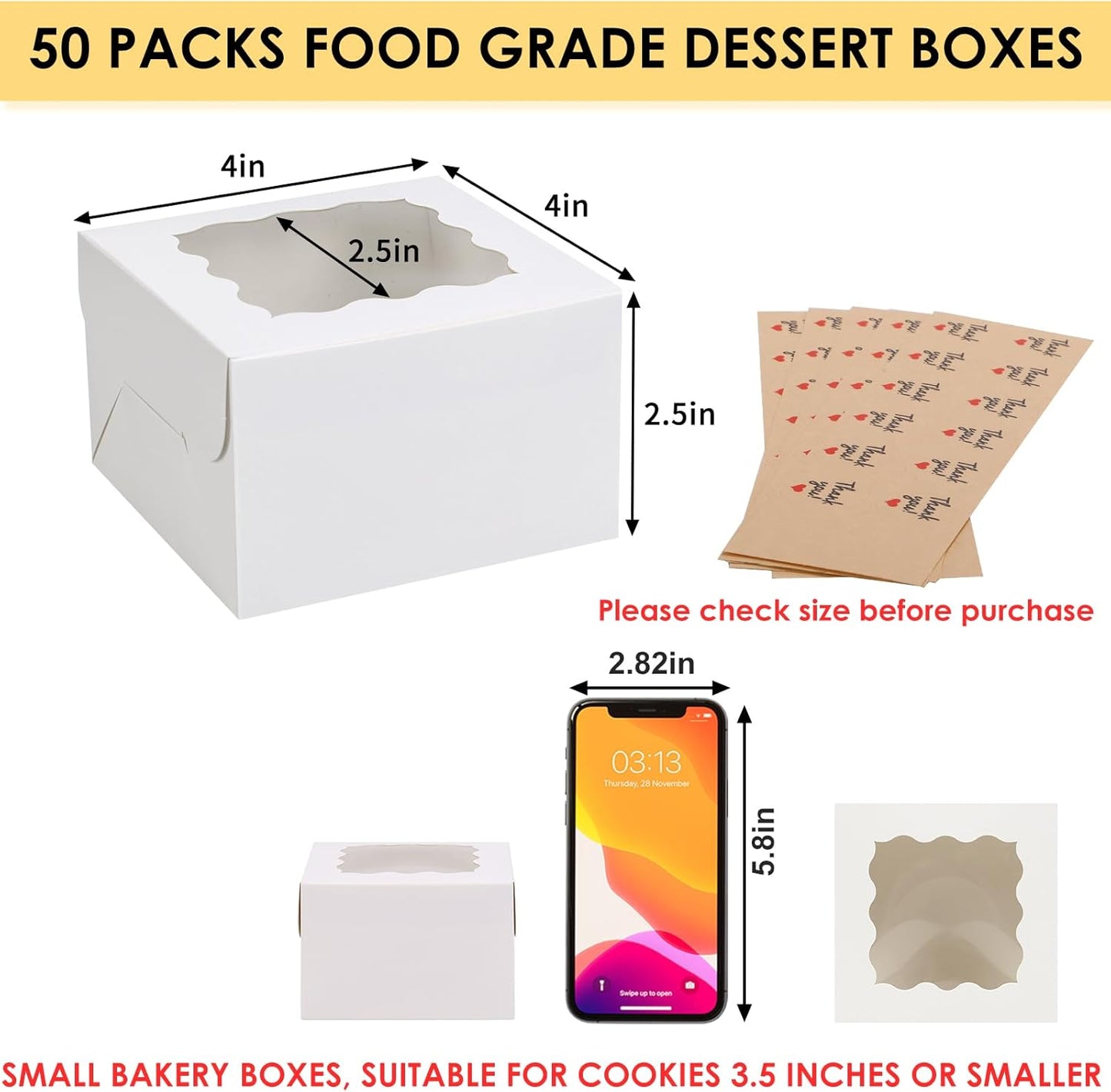 Moretoes 120pcs White Bakery Boxes, 4x4x2.5 Inch Cookie Boxes with Window for Small Cake, Treats, Donuts, Candy