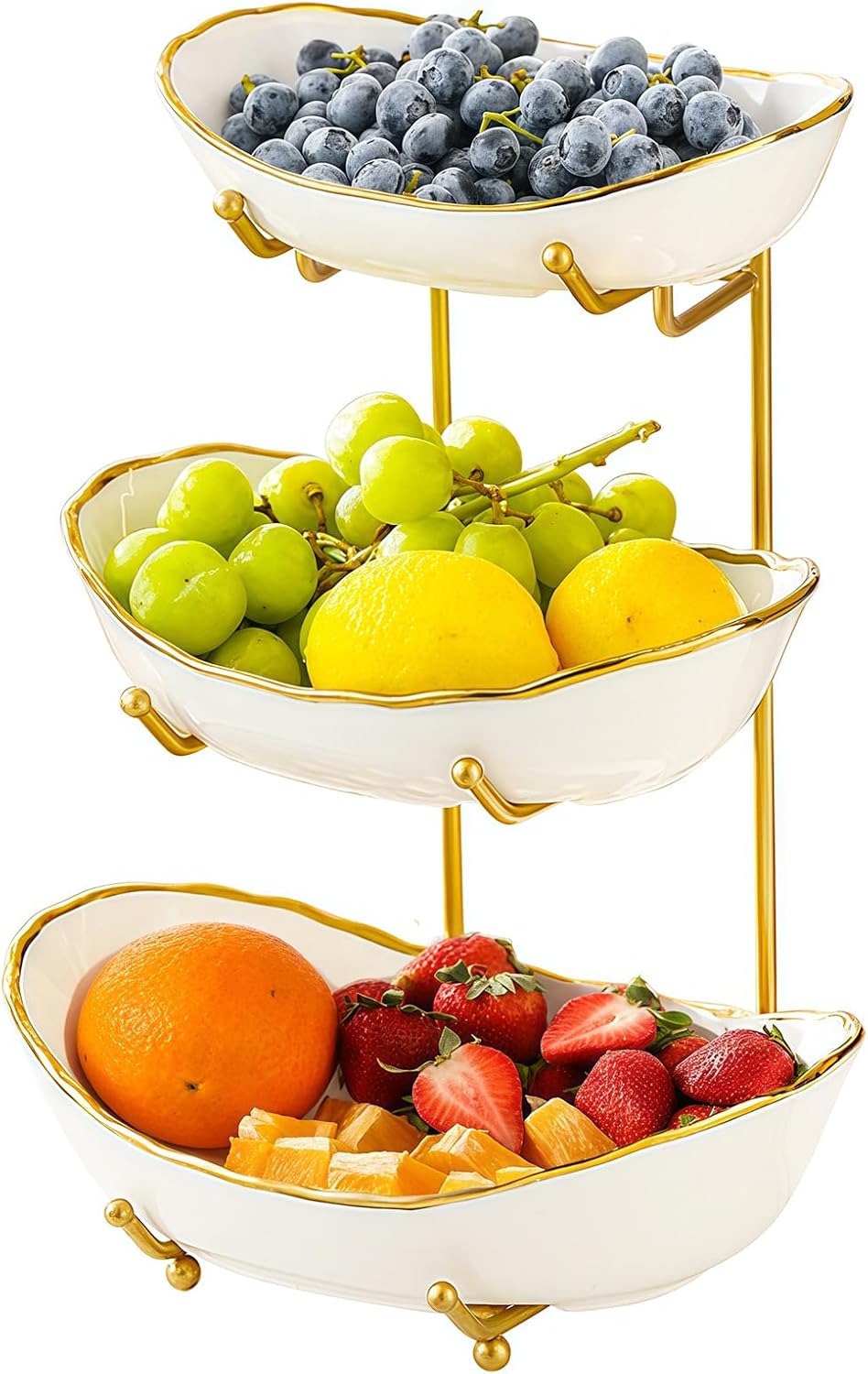 Ceramic Fruit Bowl for Kitchen Counter - 3 Tier Fruit Basket with Metal Stand, Tiered Fruit Stand for Countertop, Snack, Nuts, Cake, Dessert, Cute (Gold, Small) 1