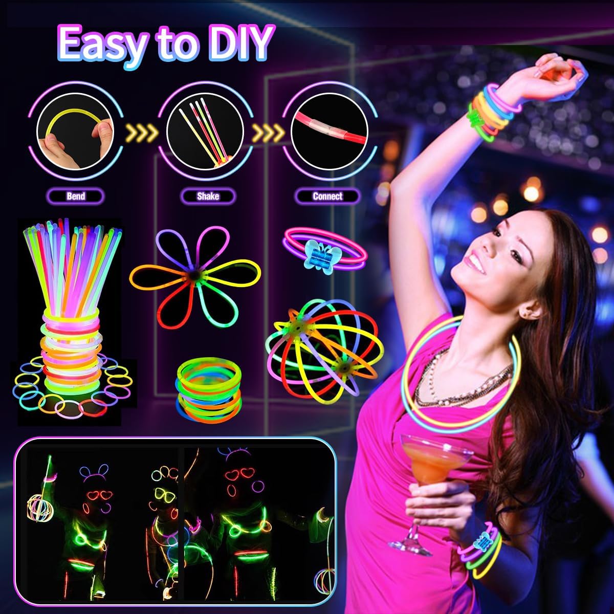 JOJUJB 250PCS Glow in the Dark Party Supplies for Kids Adults,Light Up Party Favors with Light Up Toy Glasses,100 Glow Sticks Bulk Party Pack DIY Glow Necklaces,Bracelets hora loca accessories
