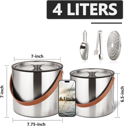 Bakpoco Double-Wall Vacuum Insulated Ice Bucket with Lid, Scoop, Ice Tong, Strainer & Leather Handle Keep Ice Frozen Longer Large Wine Ice Buckets for Cocktail Bar,Parties Chilling Beer Champagne 3L