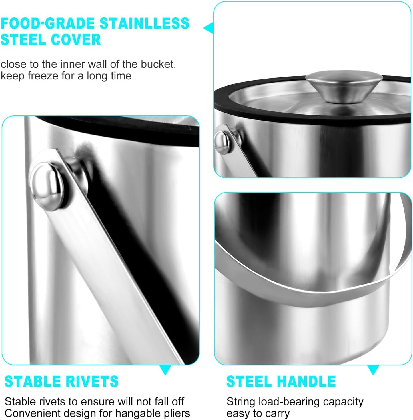 Ice Bucket with Lid Strainer Tong,2QT Double Walled Stainless Steel Insulated Ice Bucket Container,Good Sealing Ice Cube Bucket with Cover for Chilling Beer Cocktail Bar Parties