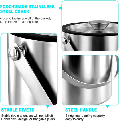 Ice Bucket with Lid Strainer Tong,2QT Double Walled Stainless Steel Insulated Ice Bucket Container,Good Sealing Ice Cube Bucket with Cover for Chilling Beer Cocktail Bar Parties
