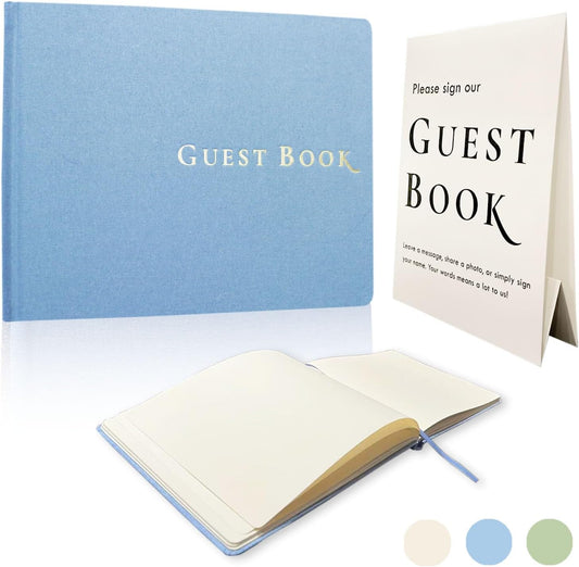 Beautiful Linen Wedding Guest Book Set, Compact Unlined Sign In Book with Table Sign, 120 Blank Pages, Guest Book for Wedding Reception, Birthday, Baby Shower & Events, Simple and Elegant Guestbook