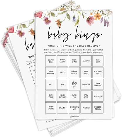 GardenCity Baby Bingo, Fun Baby Shower Games for Girl (50 Unique Cards), Pre-Filled, Perforated Calling Cards, Gender Neutral (Wildflower)