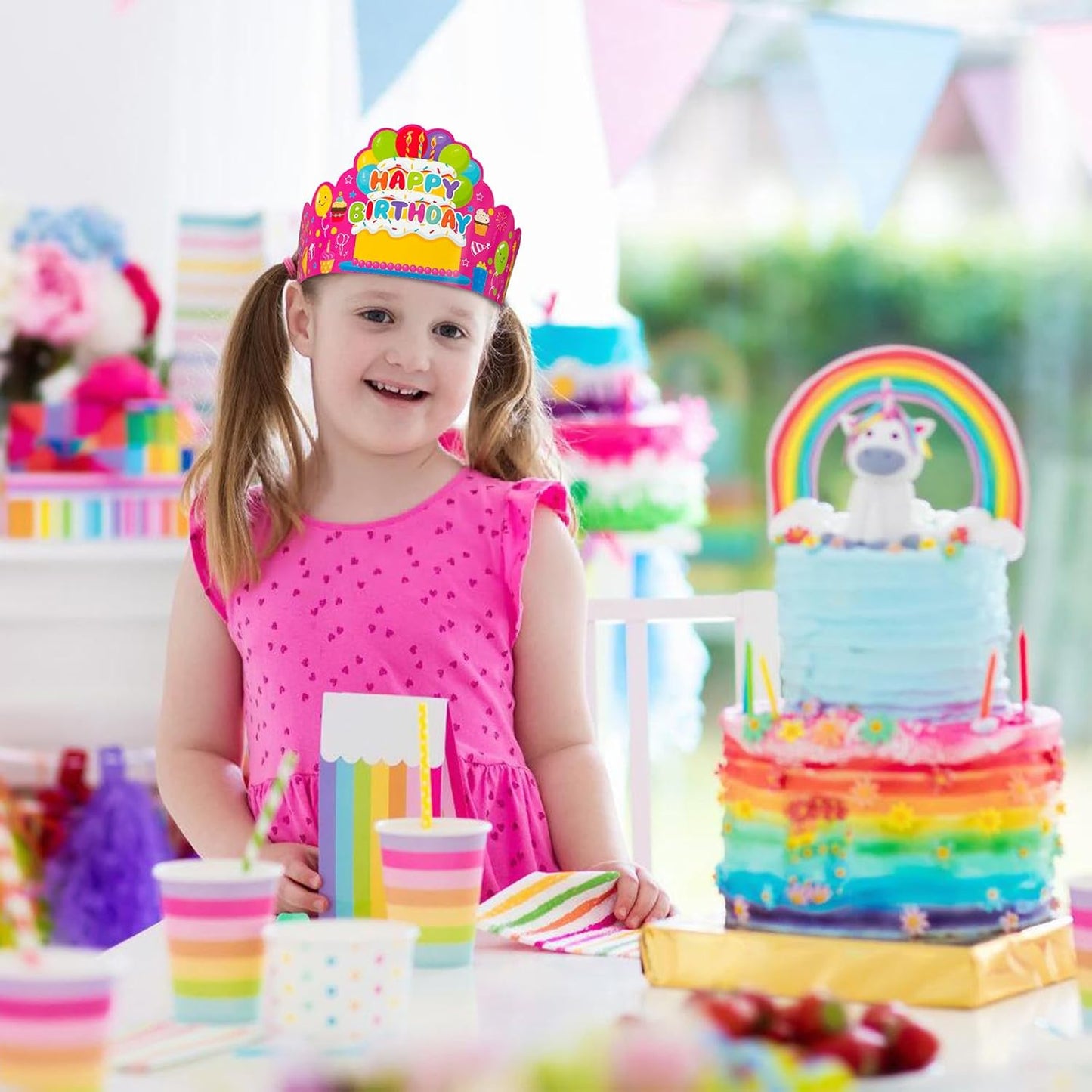 30 Pcs Birthday Party Crowns for Kids Happy Birthday Hats Colorful Crown Set Paper School Classroom Hats with Elastic Band for Classroom School Kids Teacher Party Supplies
