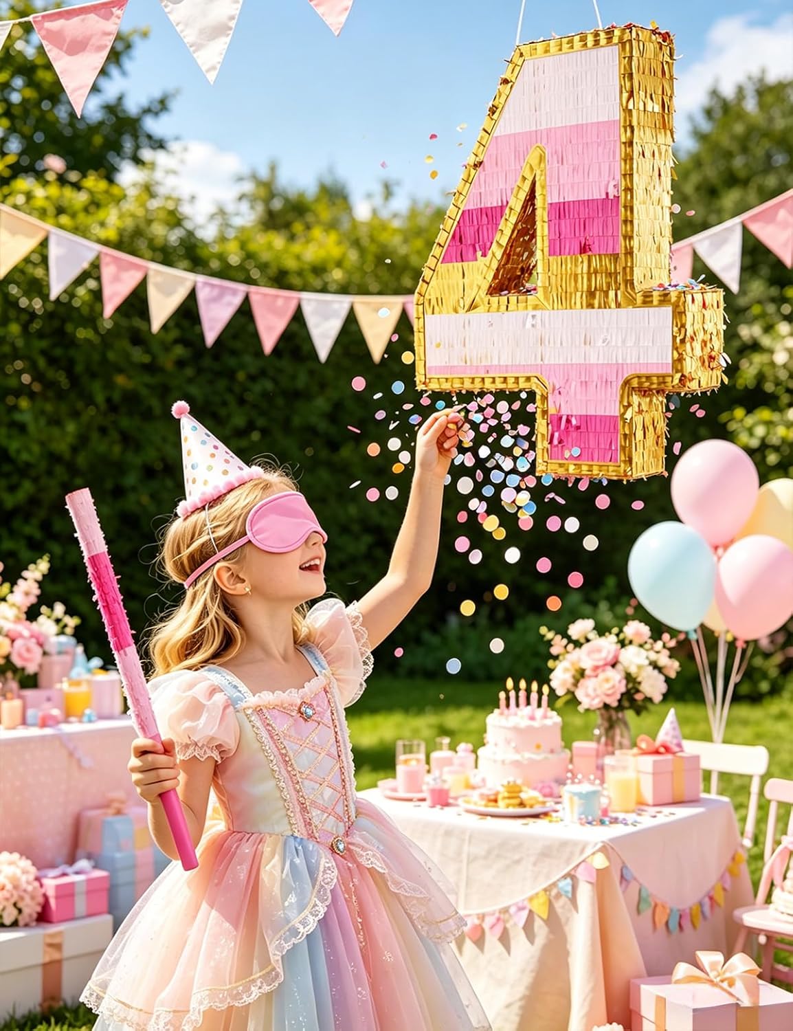 Number 5 Piñata with Stick, Blindfold & Confetti-Pink Piñata for Birthday Parties, Complete Party Game Set for Kids Girls-Gradient Pink Birthday Decor with Fillable Design(Small, 16.5 x 11.5 x 3 In)
