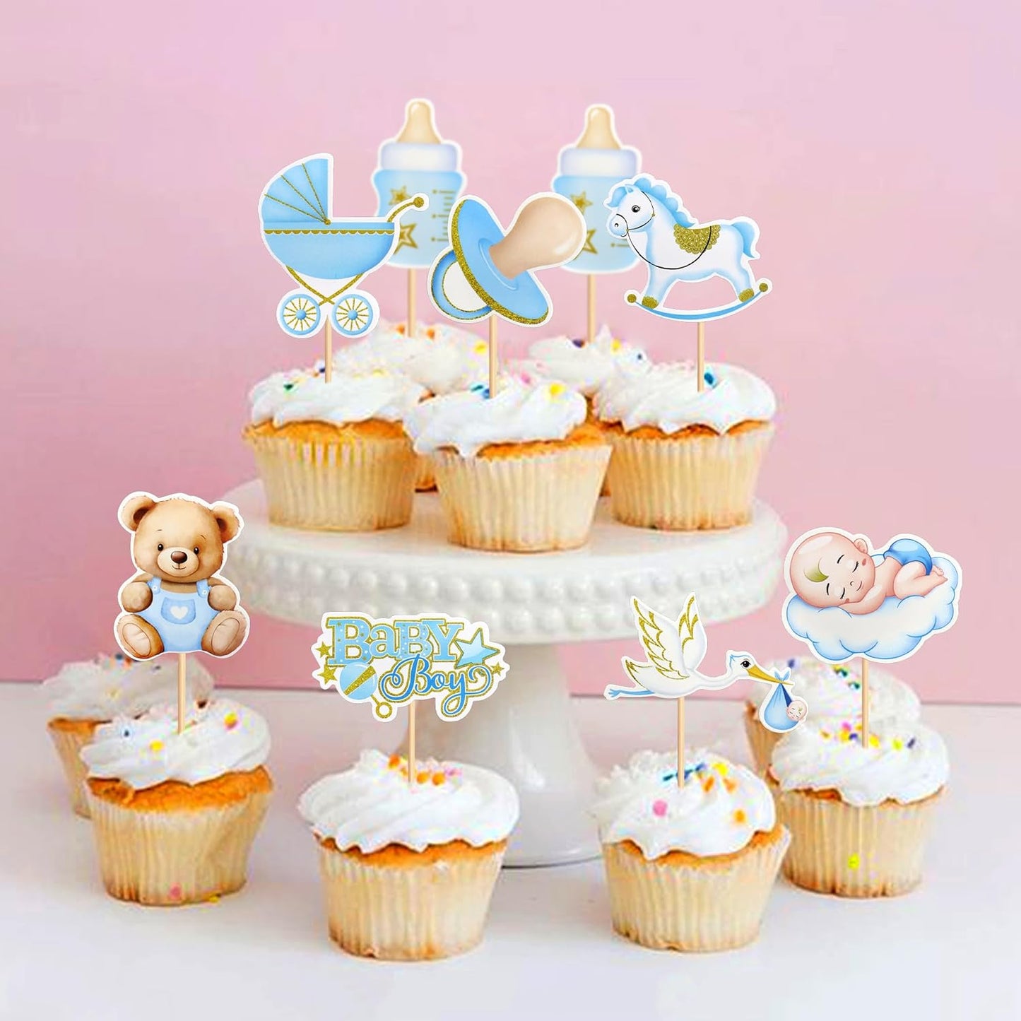 36Pcs Blue Baby Bear Cupcake Toppers Balloon Teddy Bears Cupcake Picks for Blue Baby Shower Gender Reveal Boys Bearly Birthday Cupcake Decorations We Can Bearly Wait Party Decorations Supplies