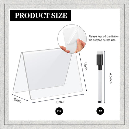 Outus 12 Pcs 4 x 3 Inches Buffet Food Labels Mini Small Chalkboard Signs White Acrylic Food Markers Little Price Signs with 2 Pcs Erasable Marker for Wedding Birthday Bakery Table Display