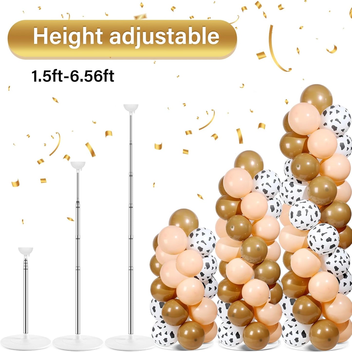 2 Set Black and Gold Balloons Column Stand Kit with 100 Balloons Adjustable Balloon Stand with Bases for Floor Black Gold Confetti Balloon Column Kit for Bridal Shower Valentine Birthday Party Decor