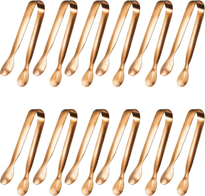 JCREN 12 Pcs Serving Tongs, Small Serving Utensils for Parties Catering Gold Tongs, Food-Grade 304 Stainless Steel Mini Appetizer Tongs for Tea Party Coffee Bar, 4 Inches - Gold