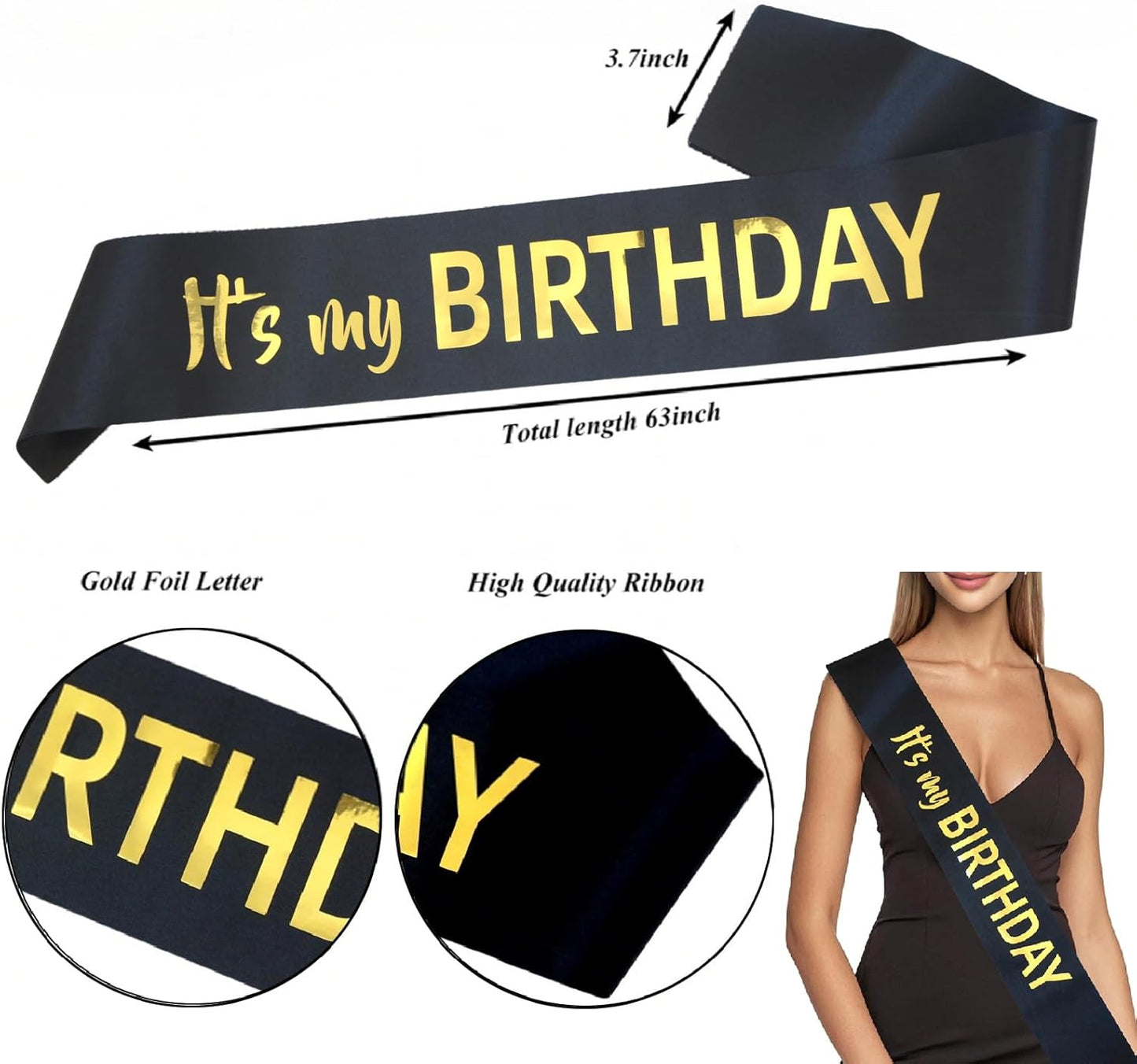 Luwigs It's My Birthday Sash Black Satin with Gold Foil Letter Happy Birthday Sash for Men and Women Party Favors Supplies and Decorations for Sweet 16th 18th 21th 30th 40th or Any Bday Party (Black)