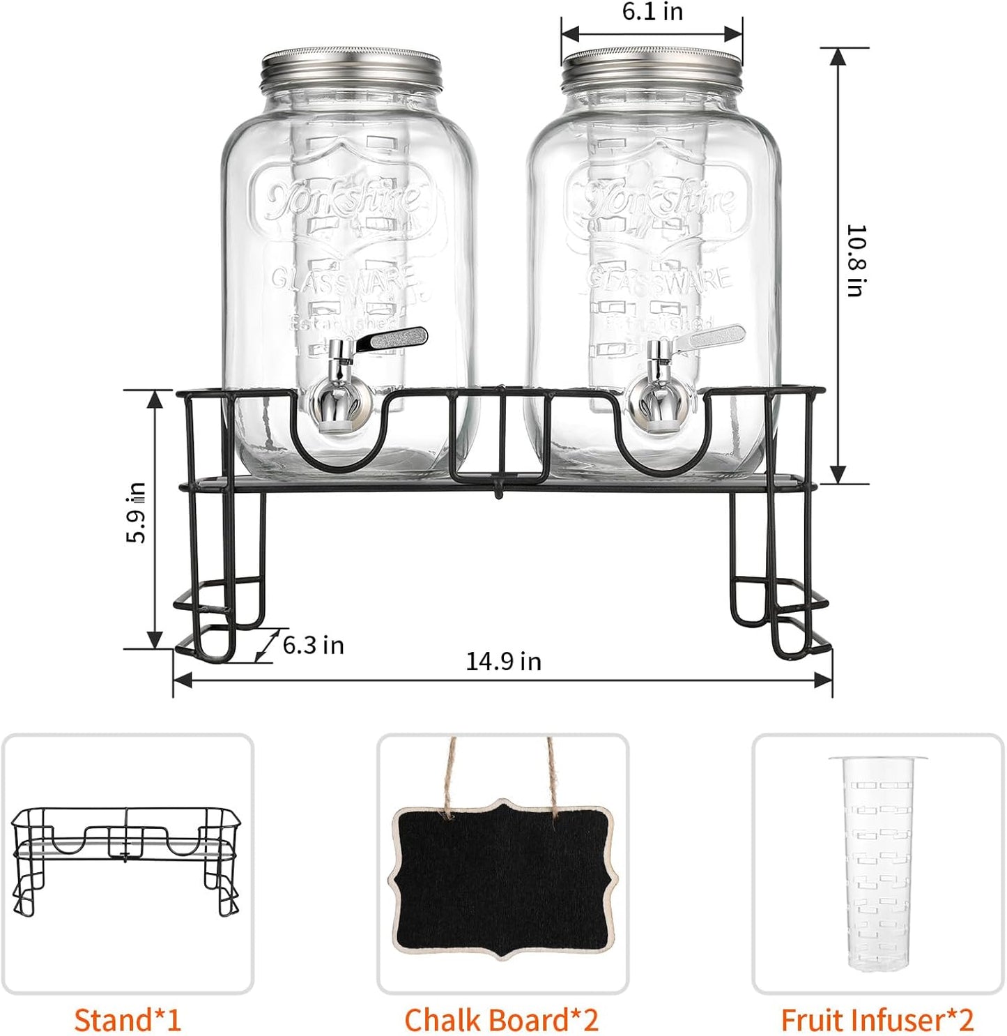 1 Gallon Glass Beverage Dispenser with Lid, Stainless Steel Spigot, Glass Drink Dispensers for Parties, Lemonade Dispenser With Ice Cylinder for Weddings, Party,Sun Tea Jar, Water Juice Dispensers