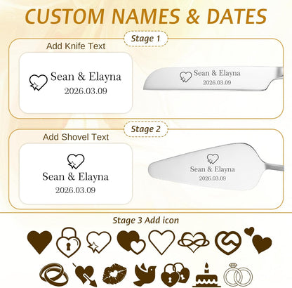 Custom Wedding Cake Cutting Set, Engraved Knife & Server with Names, Ideal Wedding Gift for Couples Bridal Showers Anniversaries (Silver)