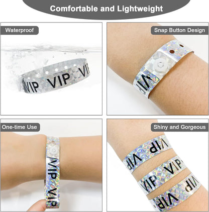 Ouchan Holographic VIP Plastic Wristbands Silver - 100 Pack Vinyl Wristbands for Events Parties