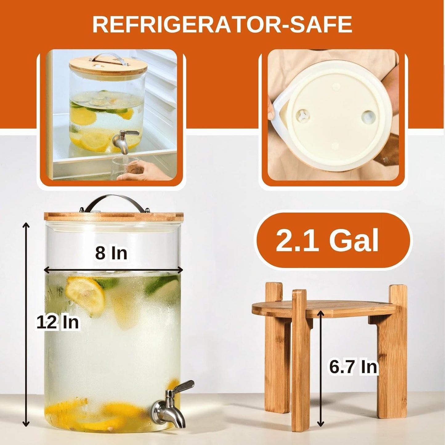 Glass Beverage Dispenser with Bamboo Stand 6.7 In and Lid, Iced 2.9 Gallon Drink Server with Spigot, Large Thick Glass Drink Dispenser for Parties, Hotels, Restaurants, Homes