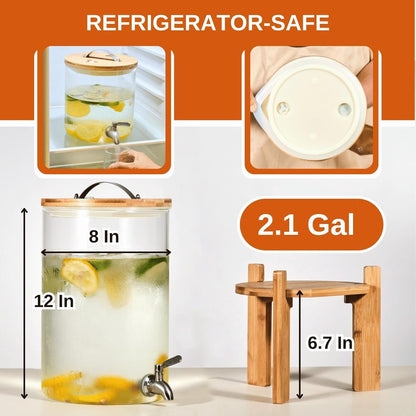Glass Beverage Dispenser with Bamboo Stand 6.7 In and Lid, Iced 2.9 Gallon Drink Server with Spigot, Large Thick Glass Drink Dispenser for Parties, Hotels, Restaurants, Homes