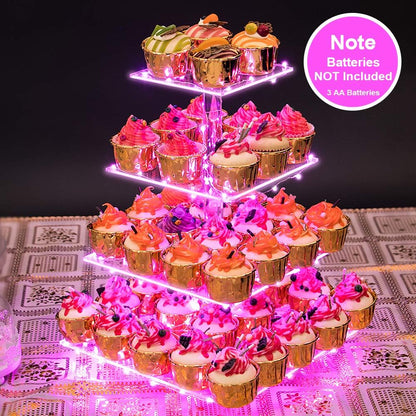 YestBuy Cupcake Stand with Yellow Led Lights, 4 Tier Cupcake Stand for 50 Cupcakes, Acrylic Cupcake Tower Stand, Clear Tiered Cupcake Holder for Birthday Cady Bar Décor Weddings, Parties Events