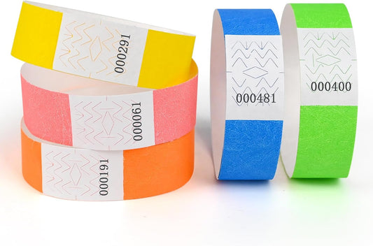 DGBDPACK Neon 500 Pcs Wristbands, 1-500 Consecutive Numbers, 5 Neon Colors, Waterproof Tearproof Wrist Straps Admission Bracelets Tickets, 100 Pcs per Color