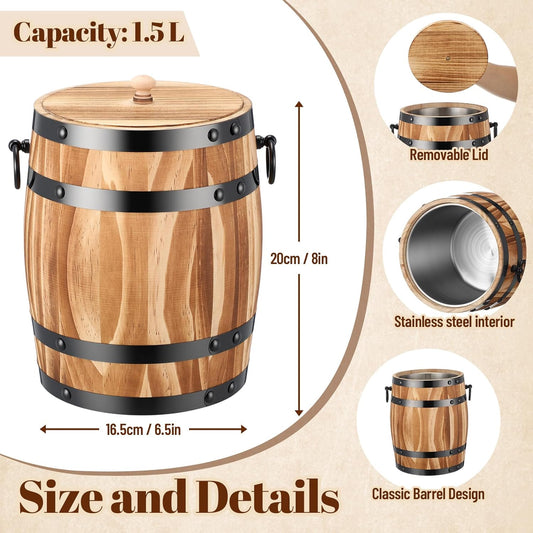 Honeydak Ice Bucket Wooden Barrel with Lid 1.5l Stainless Steel Interior Food Container with Handles for Cocktail Bar Parties Chilling Wine Champagne Home Bar Vintage Rustic Kitchen Decoration