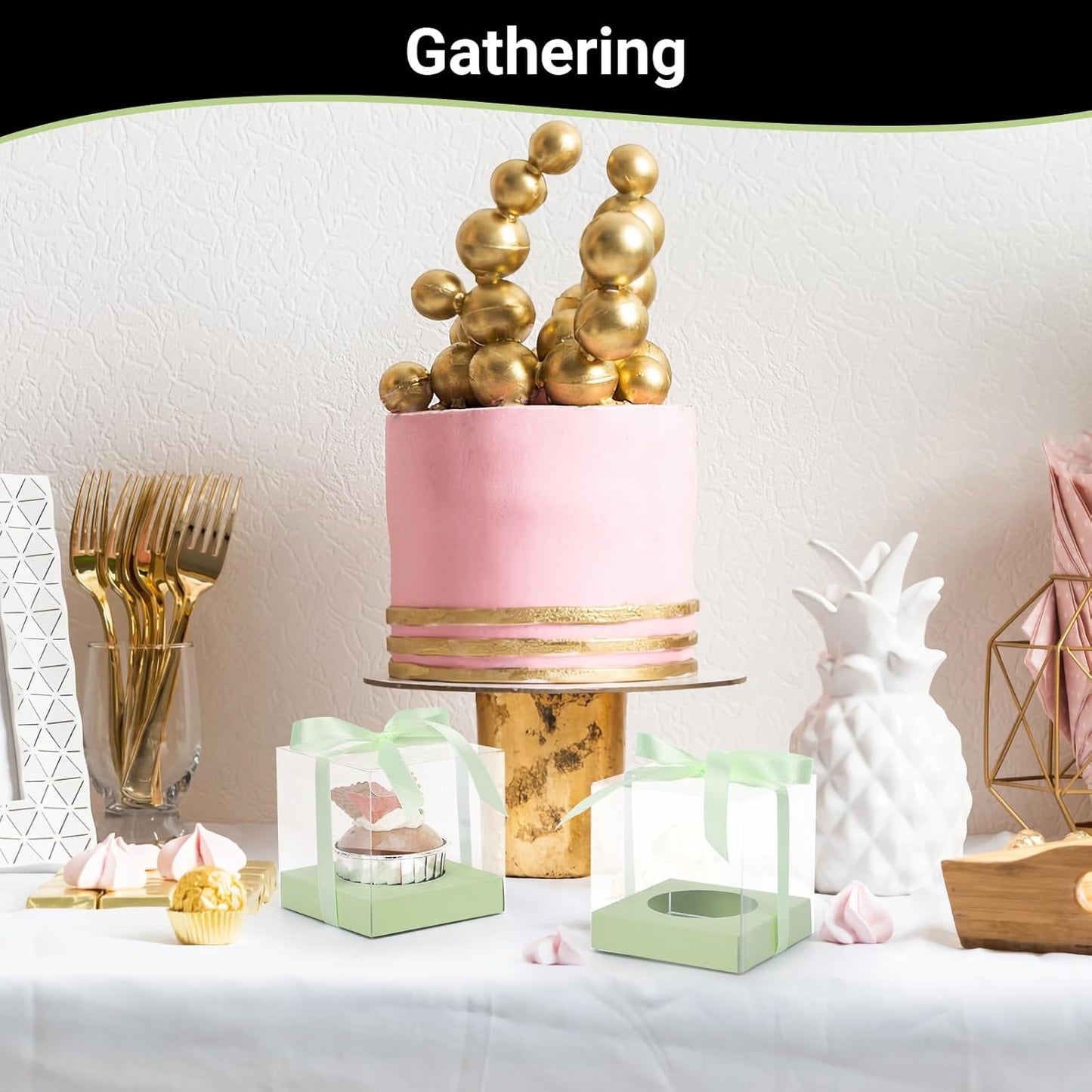 EUSOAR Individual Cupcake Holder, 50pcs 3.5 Inch Plastic Black Cupcake Containers with Lids, Single Transparent Display Clear Cupcake Carrier with Ribbon and Inserts for Wedding Party Favor