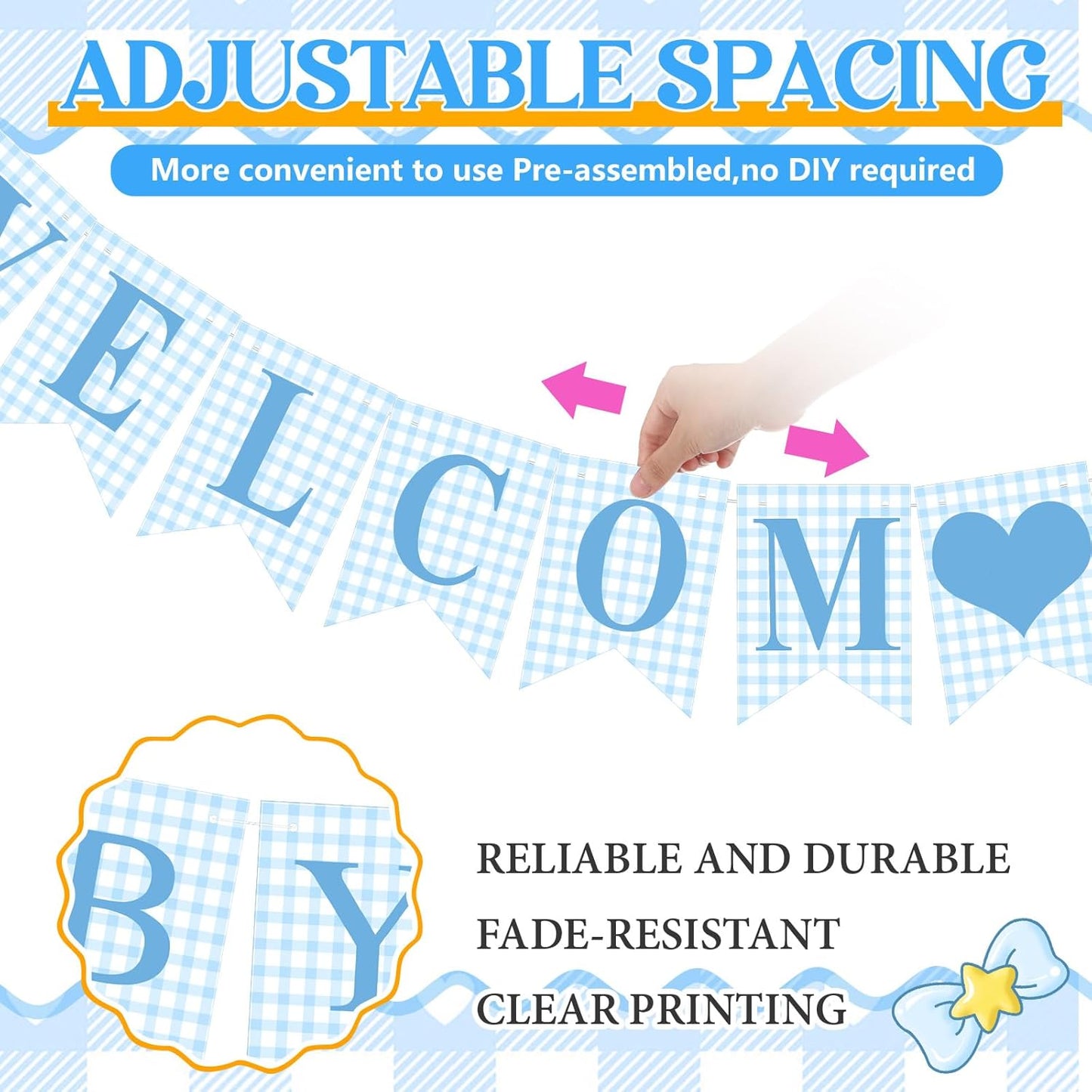 Hahafelt 1 Pcs Blue Gingham Welcome Baby Boy Banner for Baby Shower Party Decorations Pre Strung Gender Reveal Paper Banner for Table, Wall, Mantel Display Party Decor Supplies