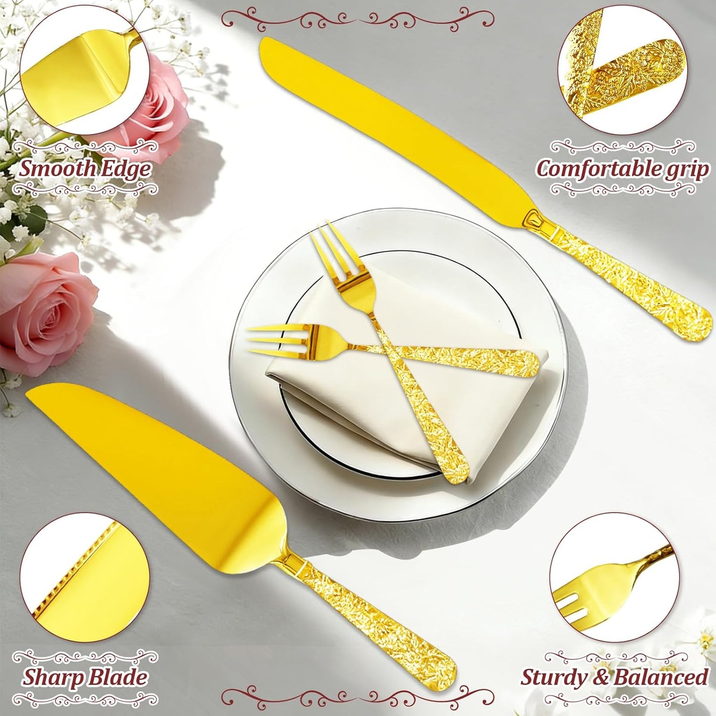 4 PCS Wedding Cake Knife and Server Set, Elegant Gold Cake Cutting Set with Engraved Handles and Forks for Wedding Anniversary, Engagement Party