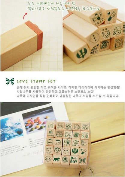 Pack of 25 Pcs Small Green Happy Life Shape Wooden Rubber Stamps with Box for DIY Craft Card and Photo Album (Green)