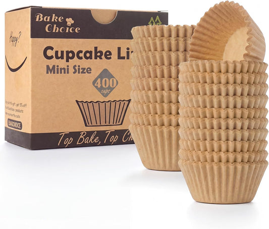 Bake Choice Non-Stick 400pcs Mini Cupcake Liners for Baking, Natural parchment muffin liners for Mini Muffin Pan, Cupcake Pan, Food Grade, Non Stick, Greaseproof