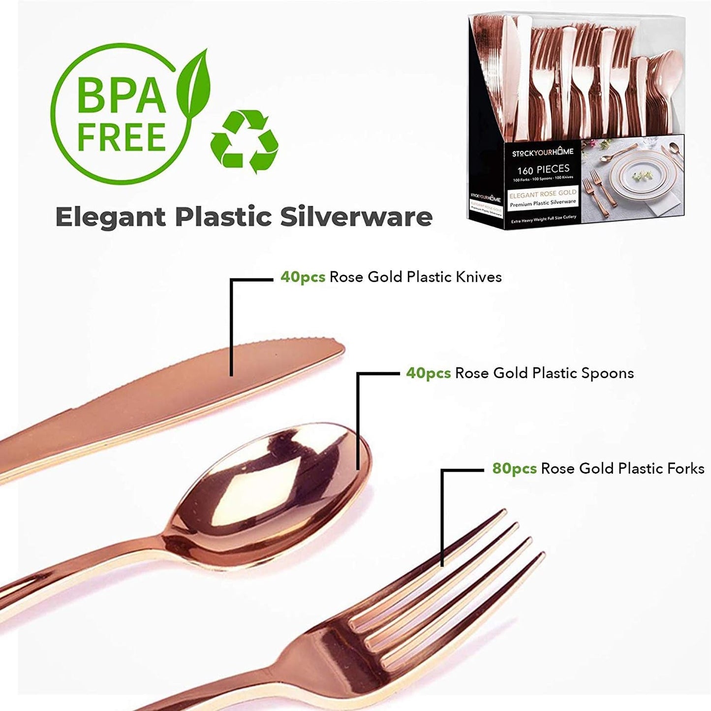 Gold Plastic Silverware Set (160 Bulk Pack) Disposable Cutlery Utensils, 80 Gold Forks, 40 Gold Knives, 40 Gold Spoons, Heavy Duty Flatware For Holidays, Parties, Dinners, Weddings, and Occasions