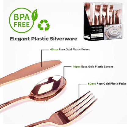 Gold Plastic Silverware Set (160 Bulk Pack) Disposable Cutlery Utensils, 80 Gold Forks, 40 Gold Knives, 40 Gold Spoons, Heavy Duty Flatware For Holidays, Parties, Dinners, Weddings, and Occasions