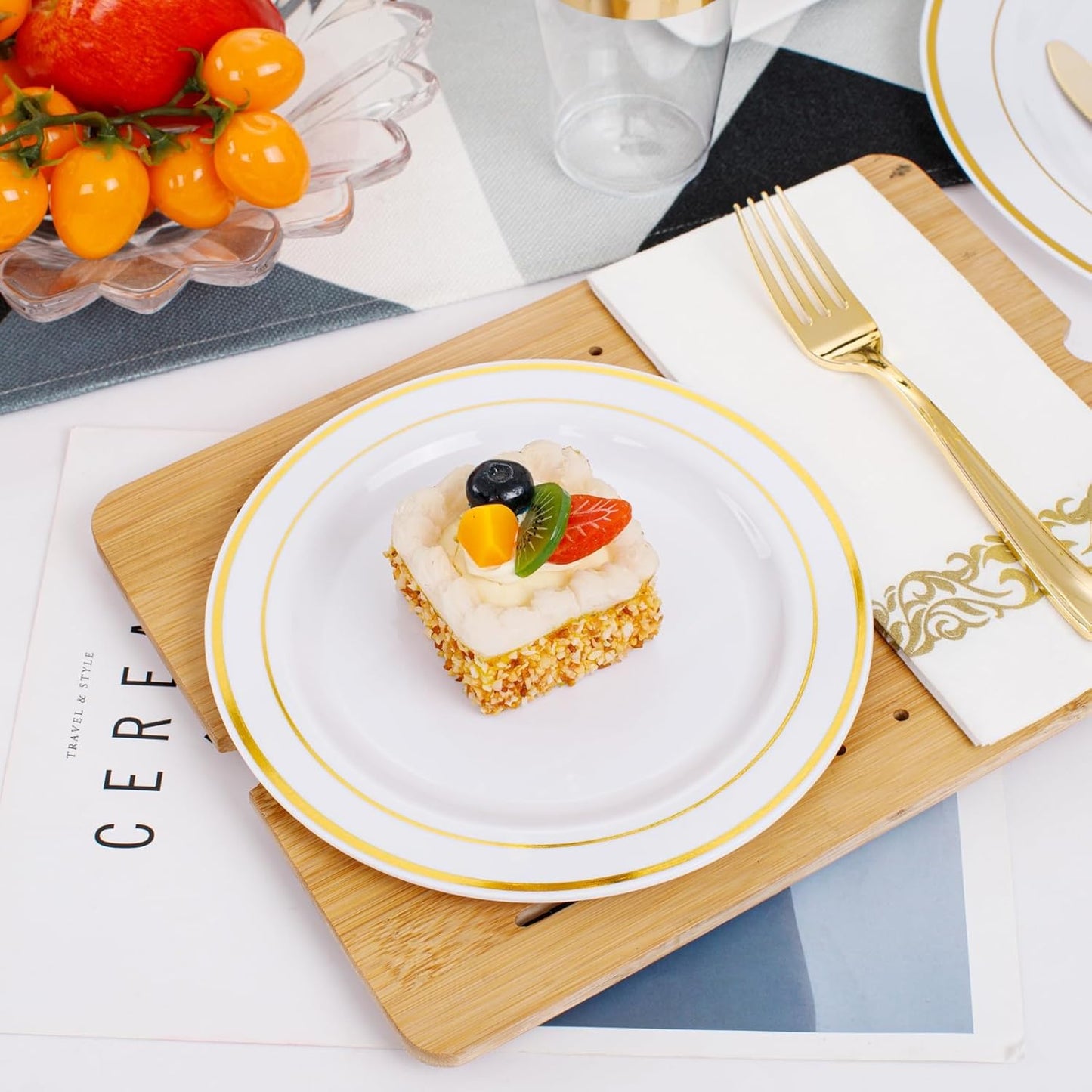 350 Pieces Black and Gold Plastic Plates with Disposable Silverware, Include 50 Dinner Plates 9”, 50 Dessert Plates 6.3”, 50 Black Cups 9 OZ, 50 Pre Rolled Napkins for Wedding Party Graduation