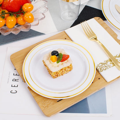 350 Pieces Black and Gold Plastic Plates with Disposable Silverware, Include 50 Dinner Plates 9”, 50 Dessert Plates 6.3”, 50 Black Cups 9 OZ, 50 Pre Rolled Napkins for Wedding Party Graduation