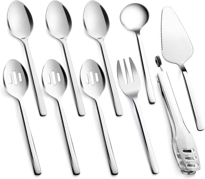 KINGSTONE Large Hostess Serving Utensils Set, 18/10 Stainless Steel Heavy Duty 10-inch Serving Utensils, Slotted Spoons, Forks, Tongs, Cake Pie Server for Buffet, Wedding, Party