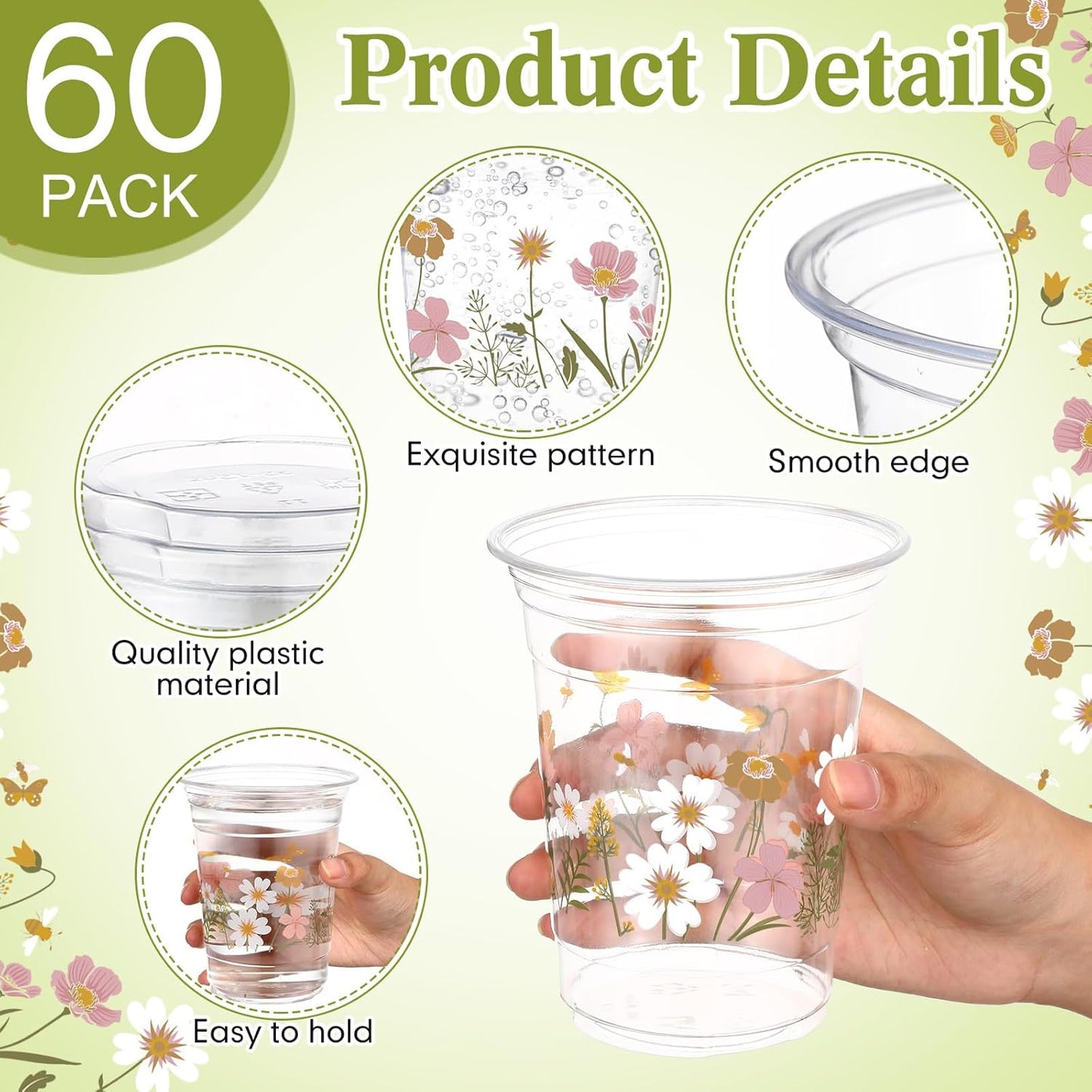 Hushee 60 Pcs Purple Floral Cups with Spring Summer Flower 16 oz Wildflowers Plastic Disposable Drinking Cups for Summer Spring Birthday Baby Shower Wedding Party Supplies