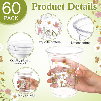 Hushee 60 Pcs Purple Floral Cups with Spring Summer Flower 16 oz Wildflowers Plastic Disposable Drinking Cups for Summer Spring Birthday Baby Shower Wedding Party Supplies
