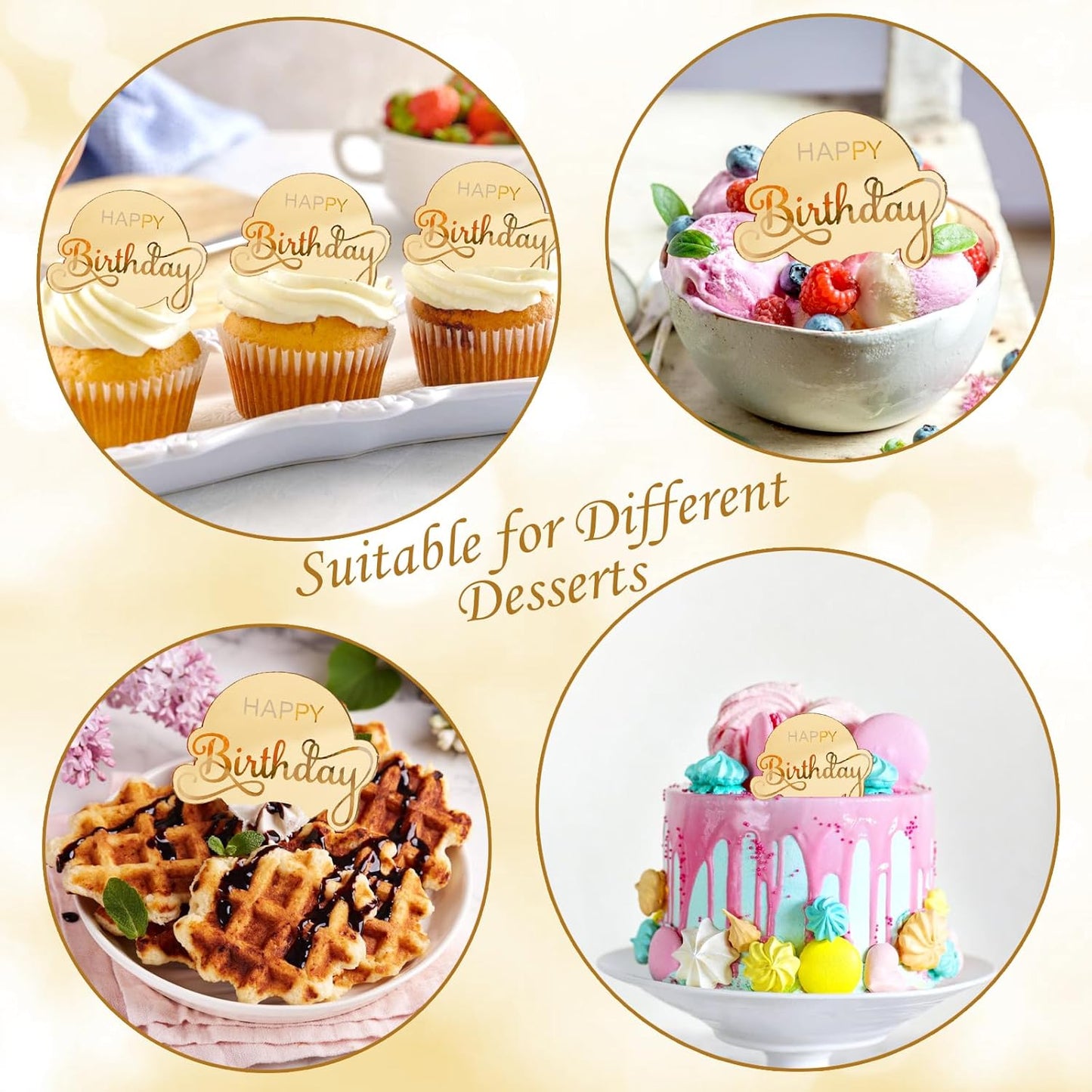 20pcs Gold Mirror Acrylic Happy Birthday Cupcake Toppers Round Engraved Cake Picks Happy Birthday Cake Toppers for DIY Birthday Gift Flower Bouquet Pastries Desserts Decor