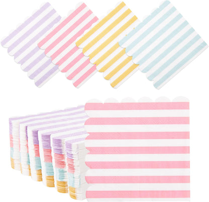 100 Pcs Striped Pastel Napkins, 5 x 5 Inches Scalloped Napkins, Disposable Cocktail Napkins for Pastel Summer Party Birthday Wedding Decor