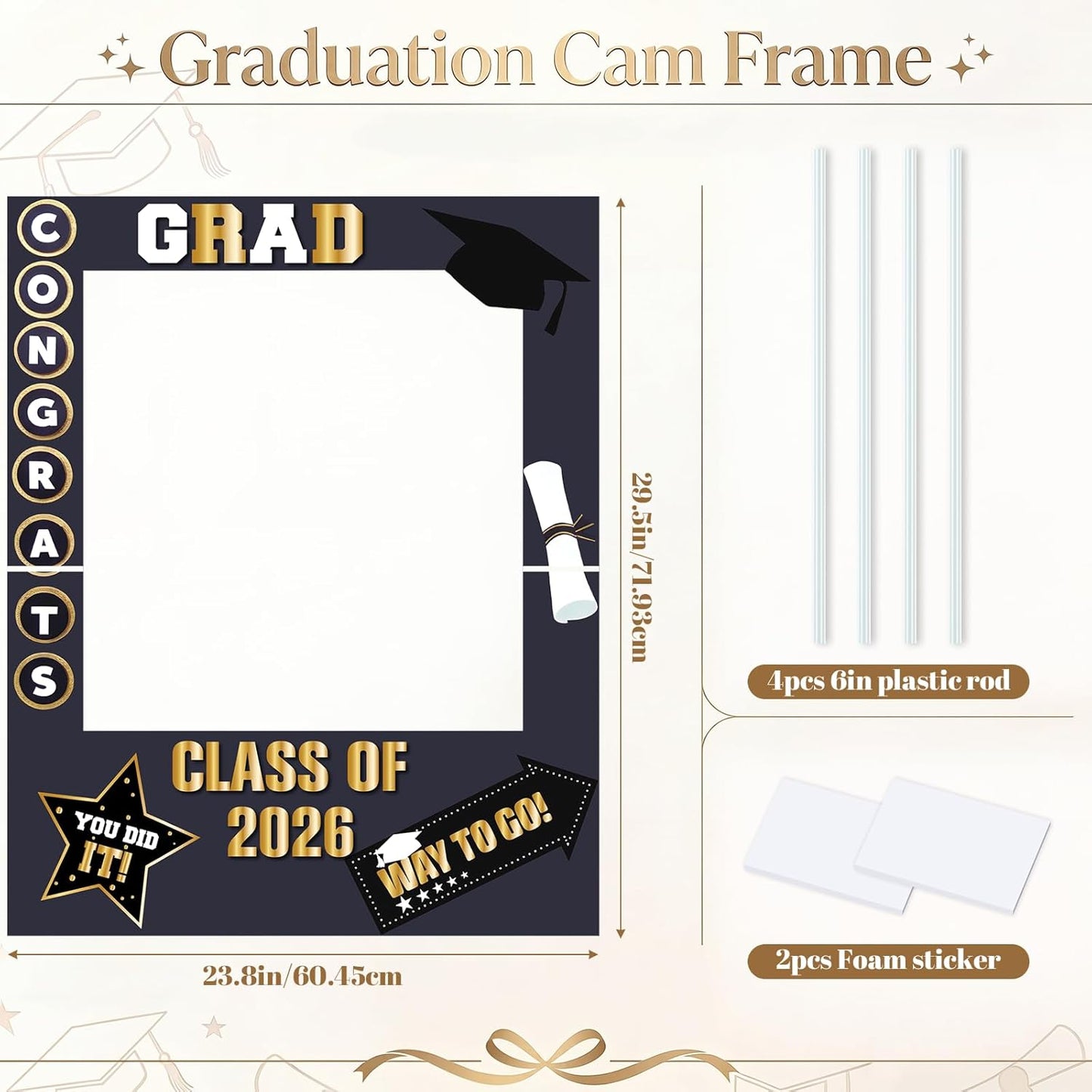 RattanView 2026 Graduation Photo Booth Props Frame Class of 2026 Congrats Grad Selfie Picture Frame, Cardboard Large Photo Booth Prop for High School & College Graduation Party Decorations