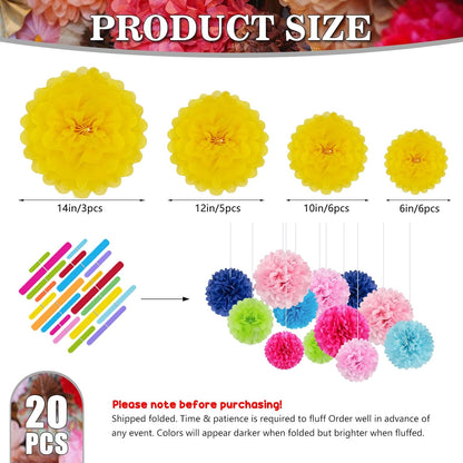 Tissue Paper Pom Poms, Pink Tissue Paper Flowers, Hanging Flower Balls for Weddings Fiesta Parties Birthday Baby Showers Classroom Bridal Shower Decoration (18Piece Set-6/10/12/14Inch)