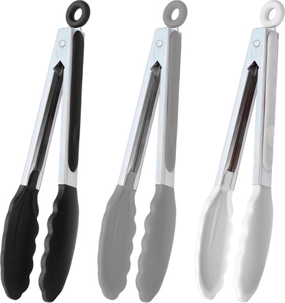 HINMAY Serving Tongs 9-Inch Cooking Tongs with Silicone Tips, Set of 3 (Black)