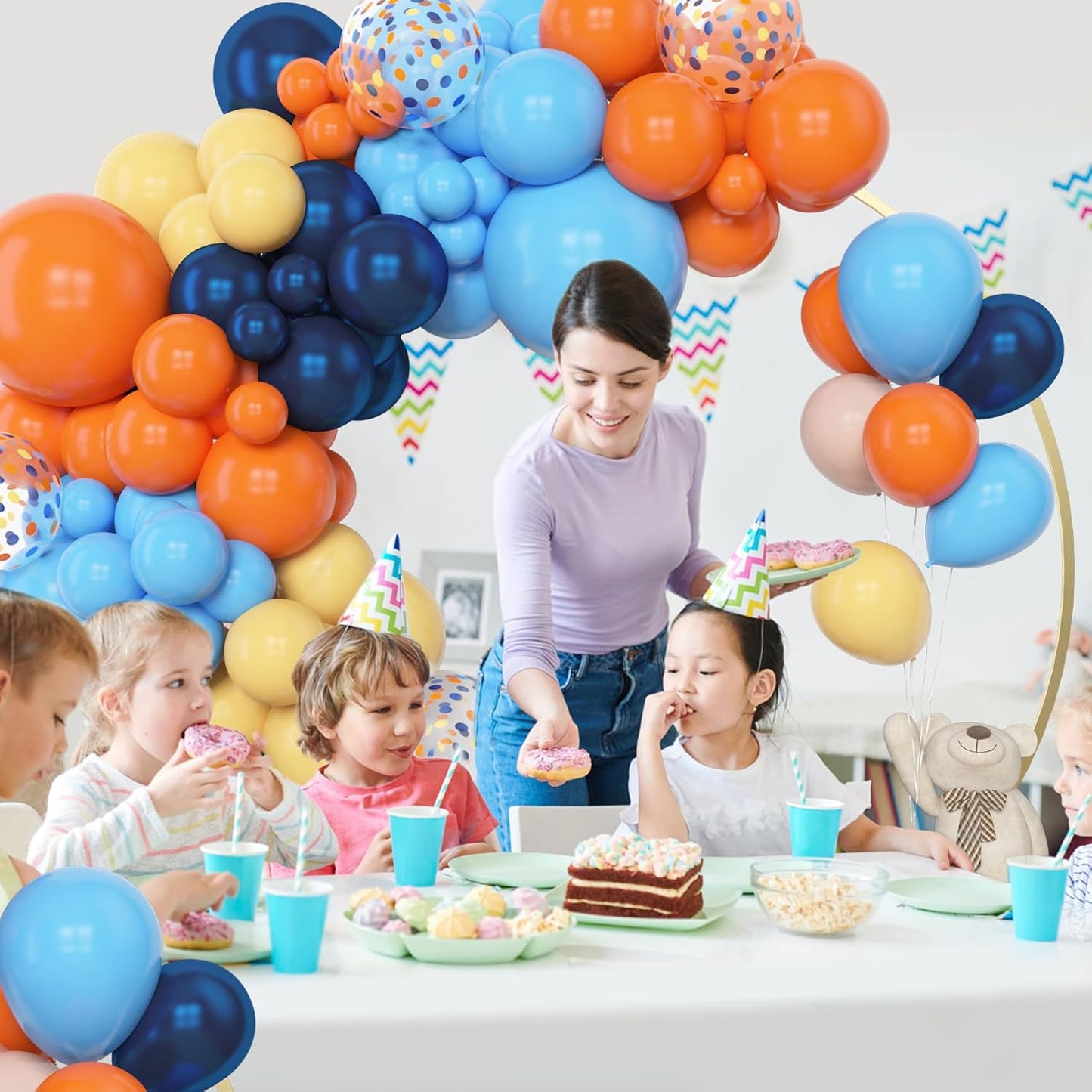 Amandir 153pcs Purple Blue Pink Balloon Garland Arch Kit, Different Sizes 18 12 10 5 inch Teal Yellow Latex Metallic Confetti Balloons for Magic Birthday Engagement Party Decoration