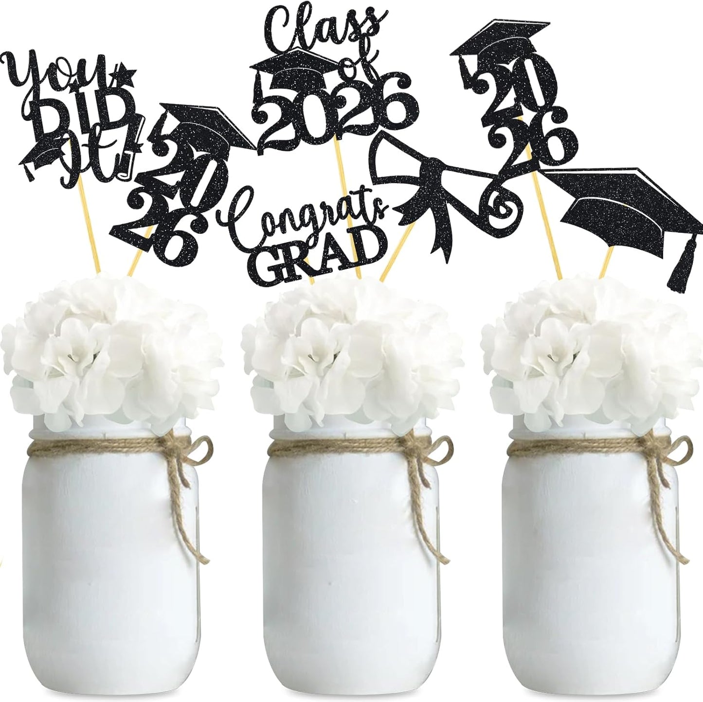 Graduation Centerpiece Sticks 24PCS Glitter Grad Picks Party Table Decor Senior High School College Sign Gold