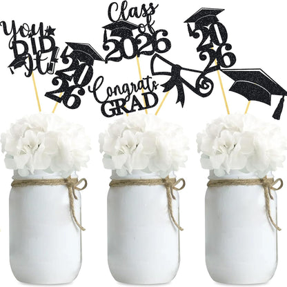 Graduation Centerpiece Sticks 24PCS Glitter Grad Picks Party Table Decor Senior High School College Sign Gold