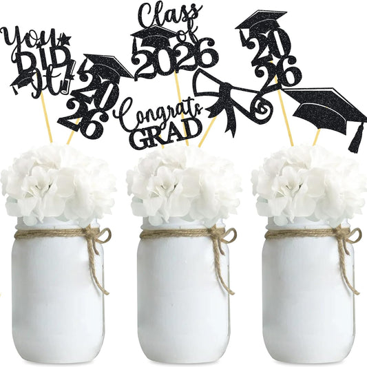 Graduation Centerpiece Sticks 24PCS Glitter Grad Picks Party Table Decor Senior High School College Sign Gold