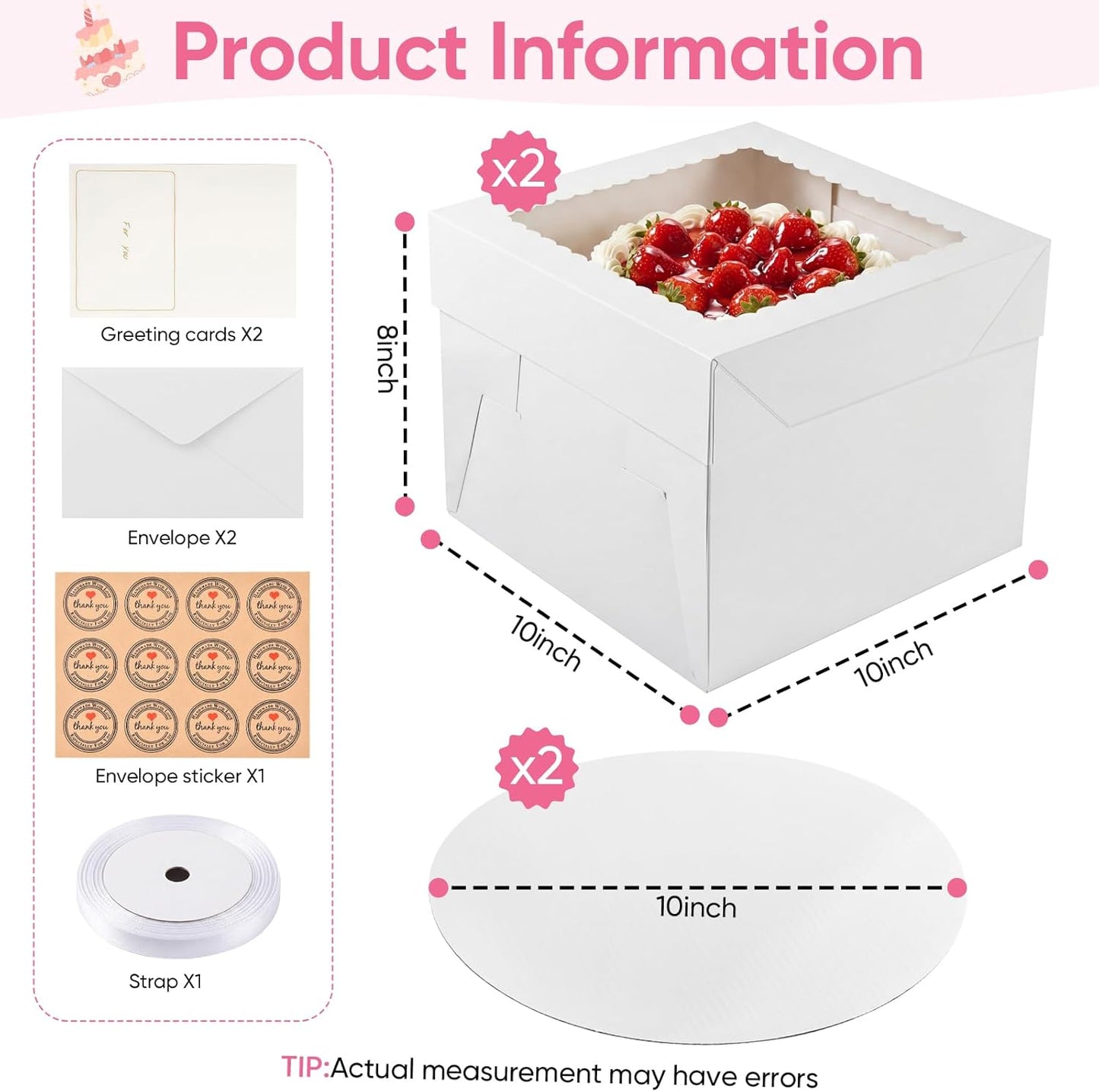 2 Pack 12 x 12 x 8 in Cake Boxes with Window & Cake Boards — Disposable Cake Carrier Boxes with Lid, Includes Stickers, Envelopes, Greeting Cards & Ribbon — Bakery Boxes for Cakes & Cupcakes