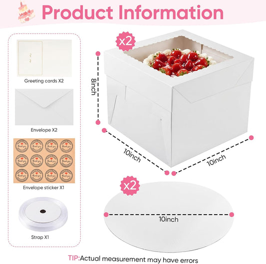 2 Pack 12 x 12 x 8 in Cake Boxes with Window & Cake Boards — Disposable Cake Carrier Boxes with Lid, Includes Stickers, Envelopes, Greeting Cards & Ribbon — Bakery Boxes for Cakes & Cupcakes