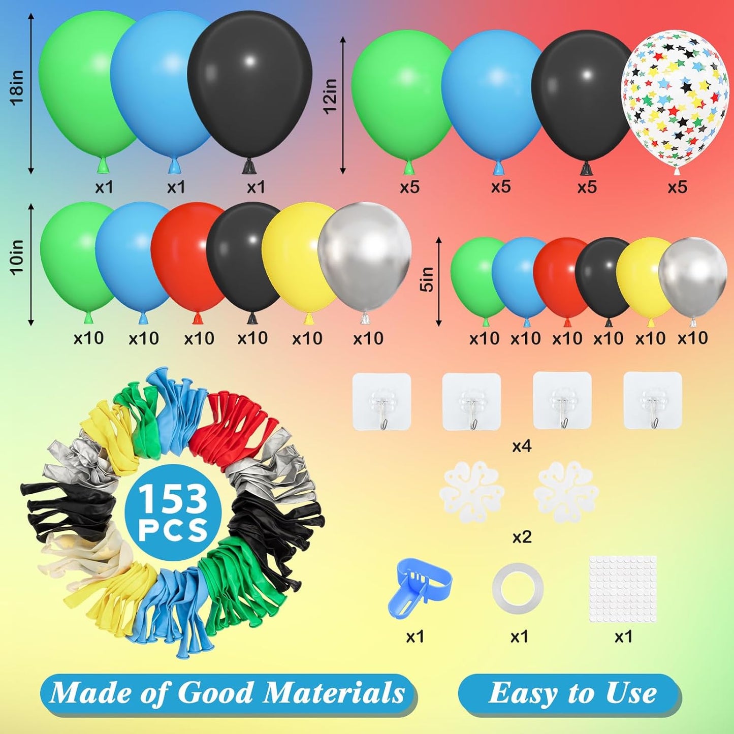Amandir 153pcs Purple Blue Pink Balloon Garland Arch Kit, Different Sizes 18 12 10 5 inch Teal Yellow Latex Metallic Confetti Balloons for Magic Birthday Engagement Party Decoration